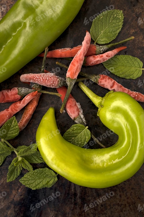 Preview: Overview of assorted chili peppers and peppermint.