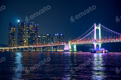 Preview: Gwangan Bridge and skyscrapers in the night. Busan, South Korea