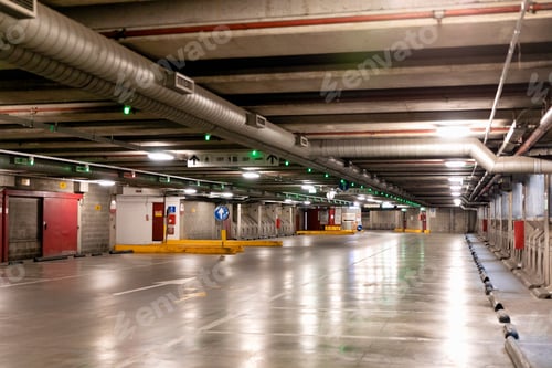 Preview: Empty underground parking garage with ambient lighting