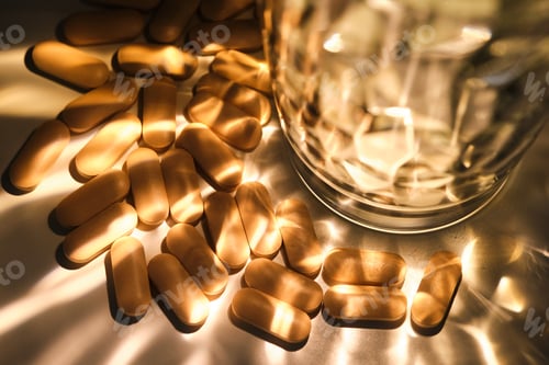 Preview: Golden vitamin pills spilling from bottle and glass of water on white surface