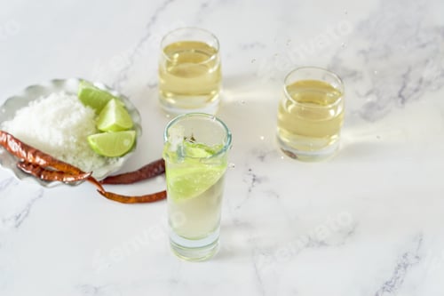 Preview: Lime slice falls into a glass with mexican tequila