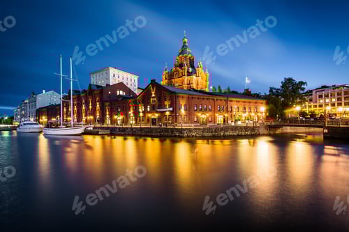 Preview: View Of The Island Of Katajanokka And Uspenski Cathedral At Night, In Helsinki, Finland.