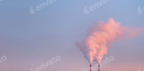 Preview: Factory pipes with smoke, frost, sunrise, copy space