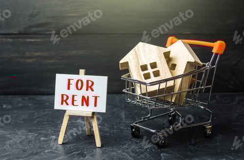 Preview: Homes in a shopping cart and for rent easel. Real estate realtor services.