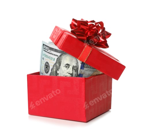 Preview: Gift box with dollar banknotes on white background