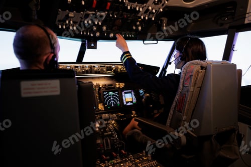 Preview: Female pilot assisting captain to takeoff and fly airplane