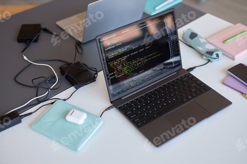 Preview: Above angle of wireless computer with coded data on screen