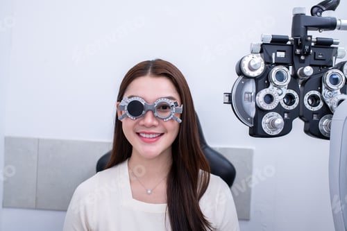 Preview: Woman optical shop customer doing eyesight measurement with optical phoropter check eye distance for