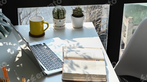 Preview: Notebook, computer laptop, coffee cup and cactus on white table.