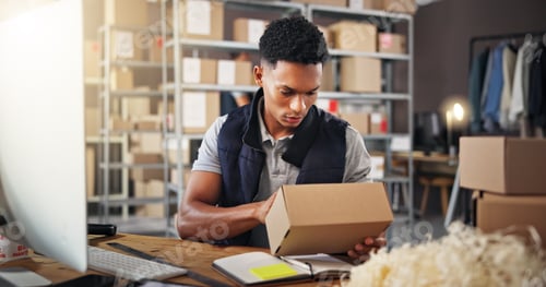 Preview: Man, check and box in warehouse for distribution of inventory management, online order and stock. P