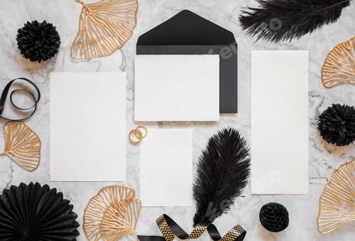 Preview: Cards and envelope on marble table near black feathers and golden leaves. Wedding mockup