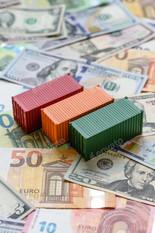 Preview: Cargo containers on the euro and dollar background as a concept for goods export. Cargo containers