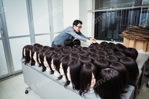 Preview: Bearded man wearing glasses standing indoors, arranging mannequin heads with brown wigs.