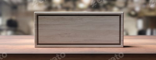 Preview: Blank wooden sign on a wooden shelf, blur background. 3d illustration