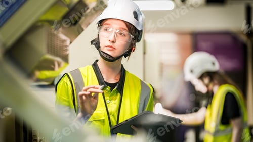 Preview: Two female robotics engineers in an R and D lab program an artificial intelligence system.