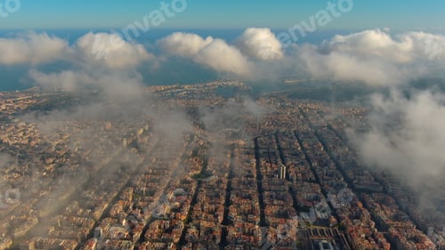 Preview: Barcelona City above the clouds and fog, Eixample residential famous urban grid