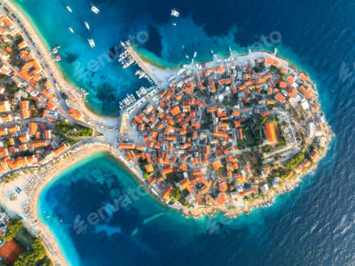 Preview: Aeriel view of old town on island and blue sea at sunset. Summer