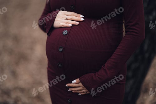 Preview: Closeup of pregnant woman in burgundy dress touching her belly