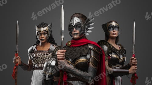 Preview: Group of female warriors with armors against grey background
