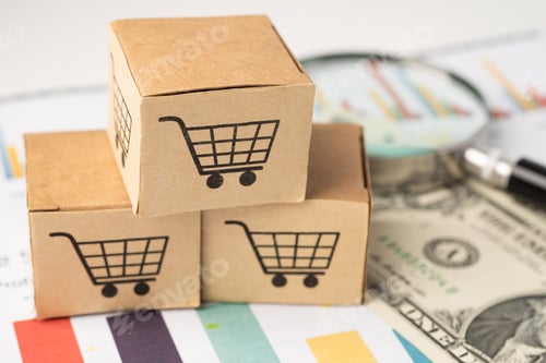 Preview: Shopping cart logo on box with magnifying glass on graph background. Banking Account, Investment