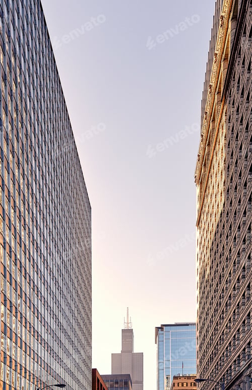 Preview: Color toned skyscrapers in Chicago downtown at sunset.