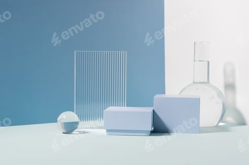 Preview: Abstract creative geometric podium from various materials, blue background hard shadows. Minimalism