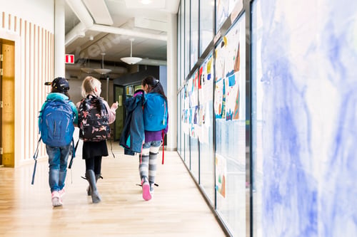Preview: Girls (8-9) walking together through school corridor
