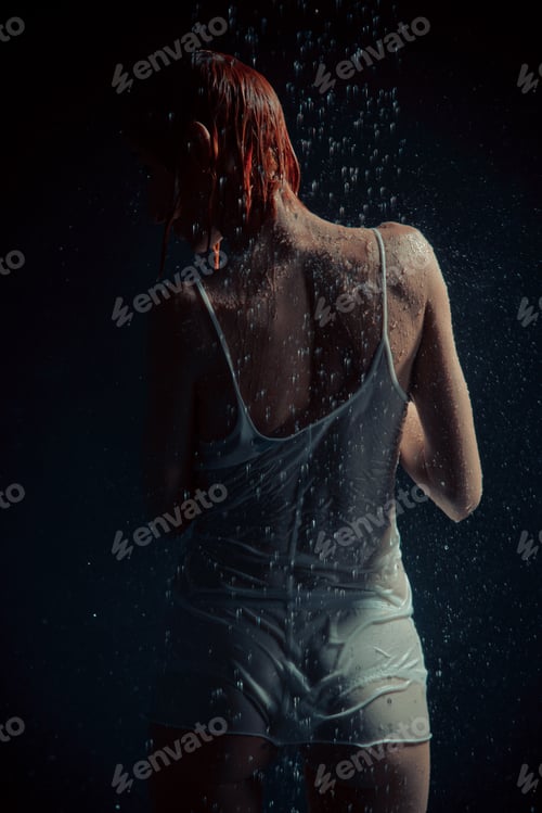 Preview: Shower. Girl In A White T-Shirt Standing Under A Shower.