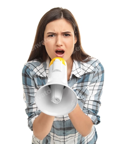 Preview: Young woman using megaphone on white background
