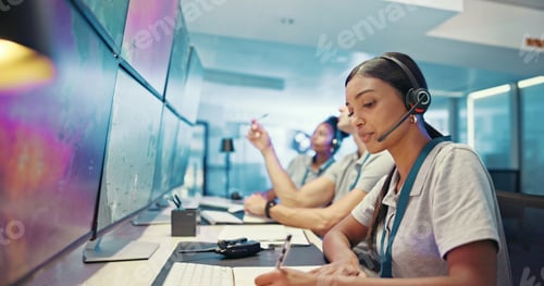 Preview: Computer, emergency service and woman with headset for security, dispatcher and operator. Telecommu