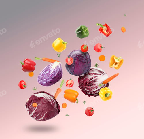 Preview: Many different fresh vegetables in air on color gradient background