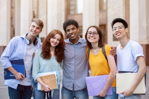Preview: Happy Diverse Students Standing Together Near University Building Outdoors