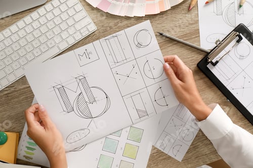 Preview: Female designer working at wooden table, top view