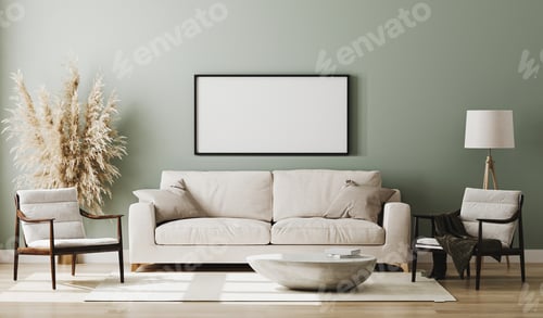 Preview: Blank picture frame mock up in pastel green room interior , 3d rendering