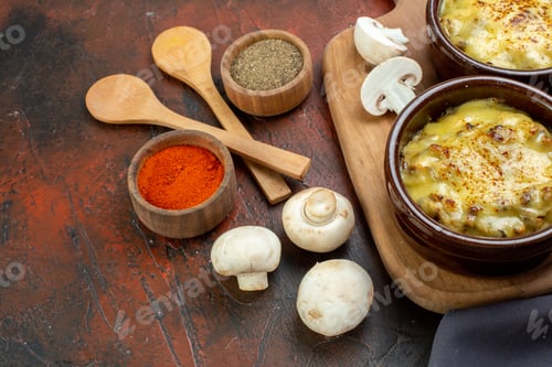 Preview: bottom view tasty julienne in bowl on cutting board wooden spoons spices in small bowls mushrooms on
