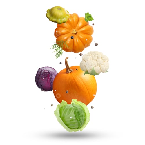 Preview: Fresh vegetables, herbs and spices in air on white background
