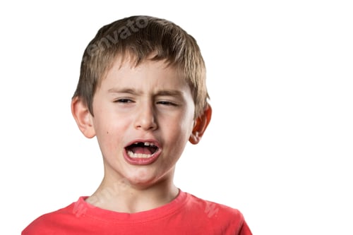 Preview: Portrait of young Caucasian boy feeling pain because of the fallen tooth on white background