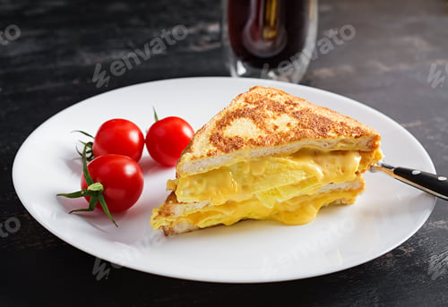 Preview: Tasty breakfast. Egg and cheese toast. French cuisine. Morning food.