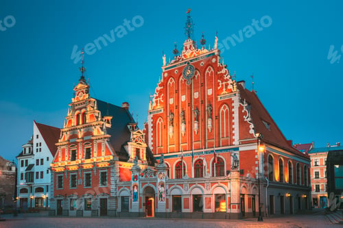 Preview: Riga, Latvia. Schwabe House And House Of The Blackheads At Town Hall Square, Ancient Historical