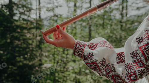 Preview: Hand of woman playing on woodwind wooden flute - ukrainian telenka or tylynka on forest background