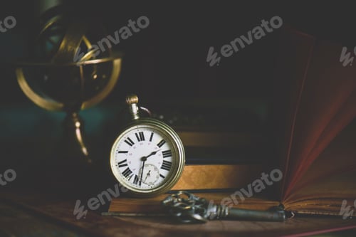 Preview: Very old pocket watch and books on a table