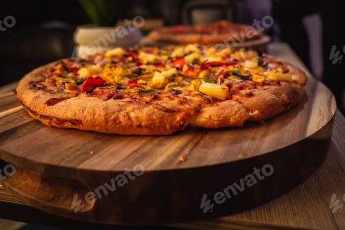 Preview: Vegetable topping pizza on a wooden pizza board.