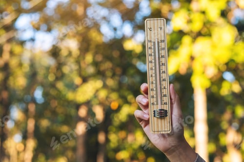 Preview: A hand holding thermometer in blurred nature background
