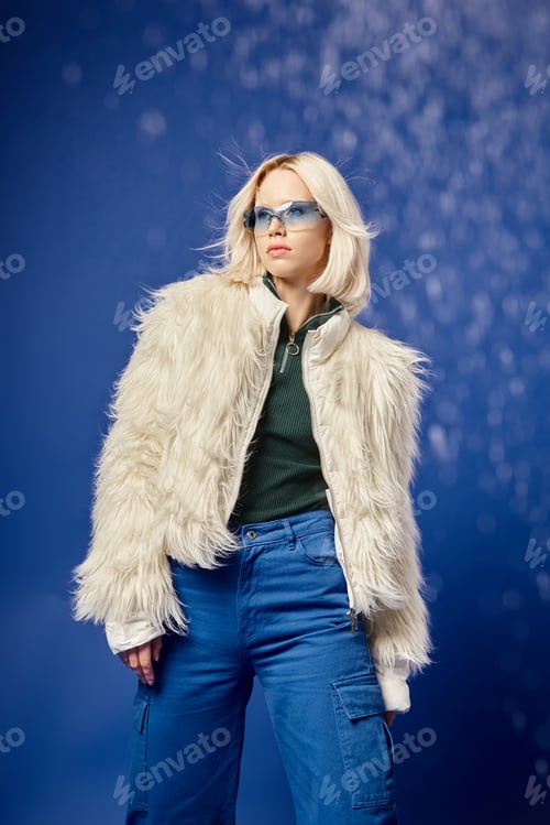 Preview: blonde woman in trendy sunglasses posing in white faux fur jacket and jeans under falling snow