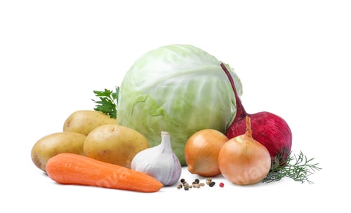 Preview: Ingredients for traditional borscht on white background