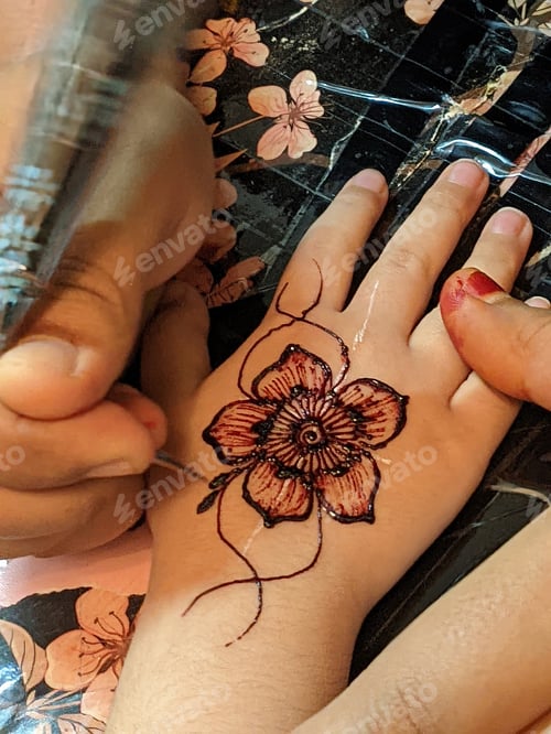 Preview: A hand with intricate henna designs, swirling patterns in reddish-brown, captivating work of art