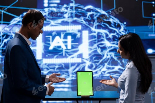 Preview: Green screen digital device used by IT employees running AI