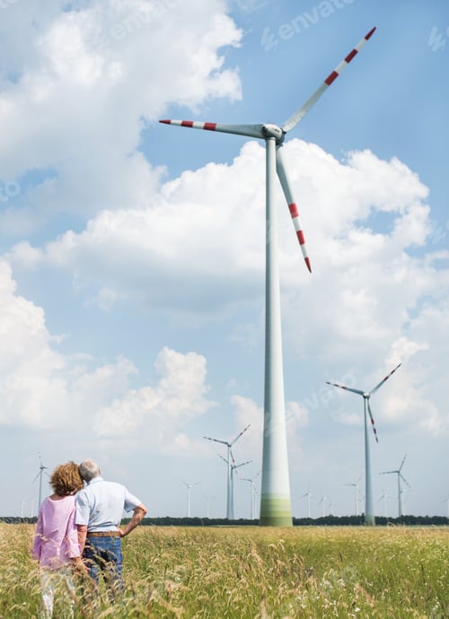 Preview: Rear view of senior couple walking on field on wind farm. Copy space.