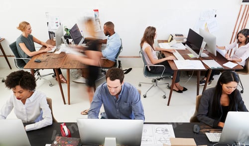 Preview: Colleagues at computers in an open plan office, front view