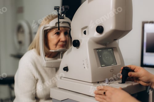 Preview: Senior woman undergoing professional eye exam at clinic